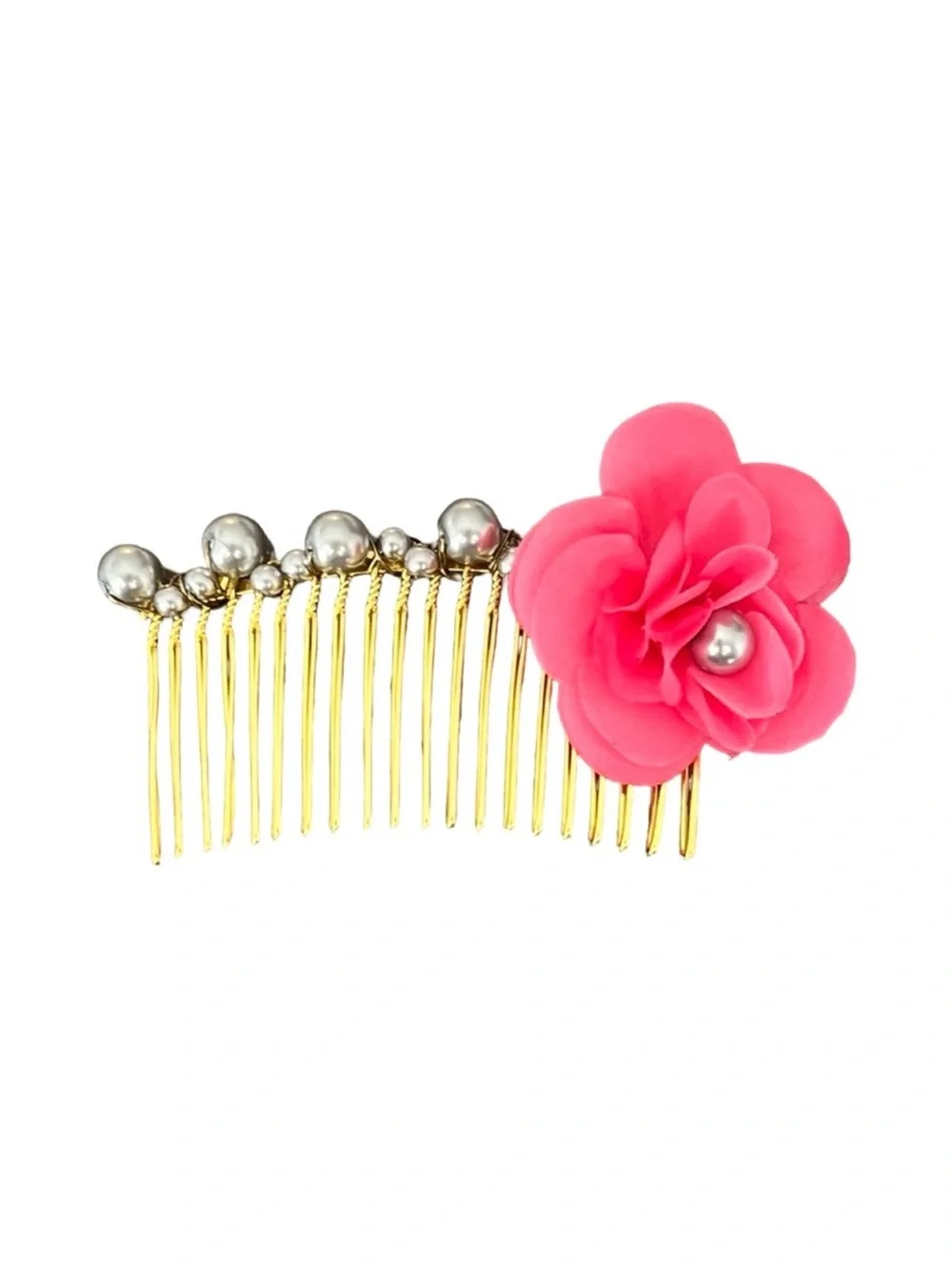 Gold Tone Hair Comb Pink Fabric Flower Silver Pearl Accents FINAL PRICE DROP